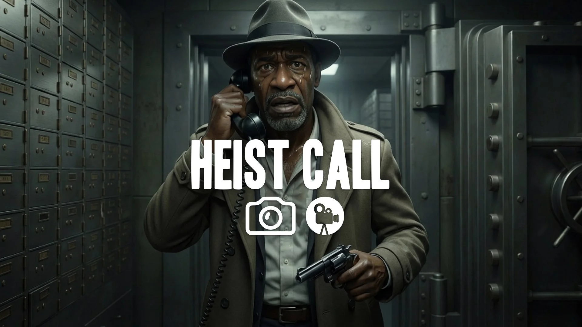 1. Man talking on phone in bank vault desperate expression gun in hand sweaty shirt tension no music