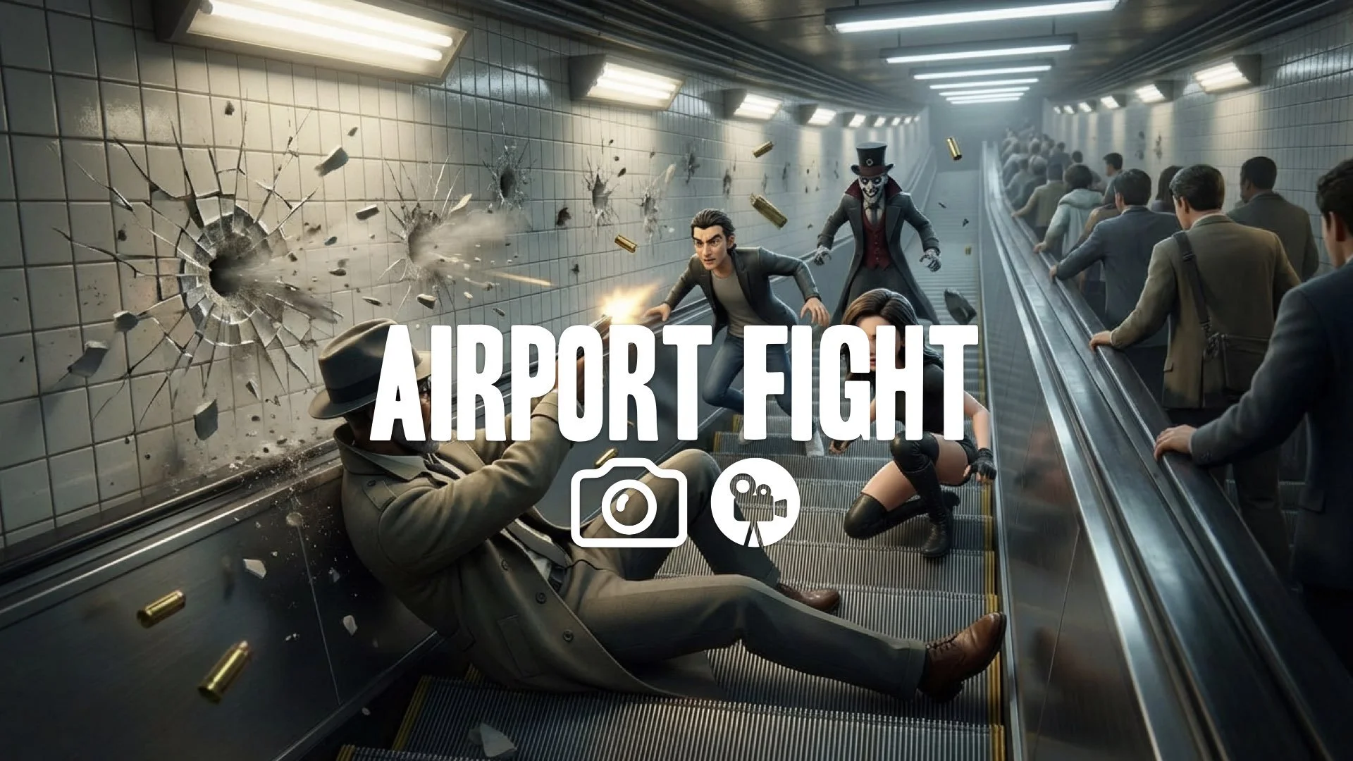 1. Subway escalator chase shootout lying on stairs firing gun tiles shattering slow motion action no music