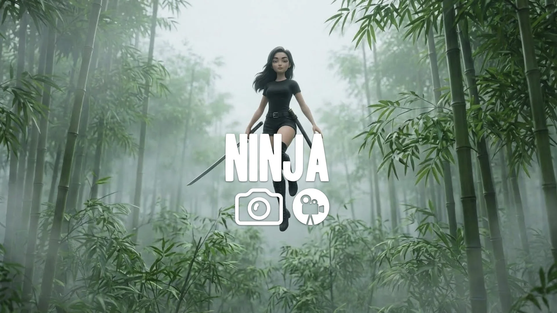 1. Female warrior floating over misty bamboo forest green leaves sword drawn serene expression wire-fu elegance no music