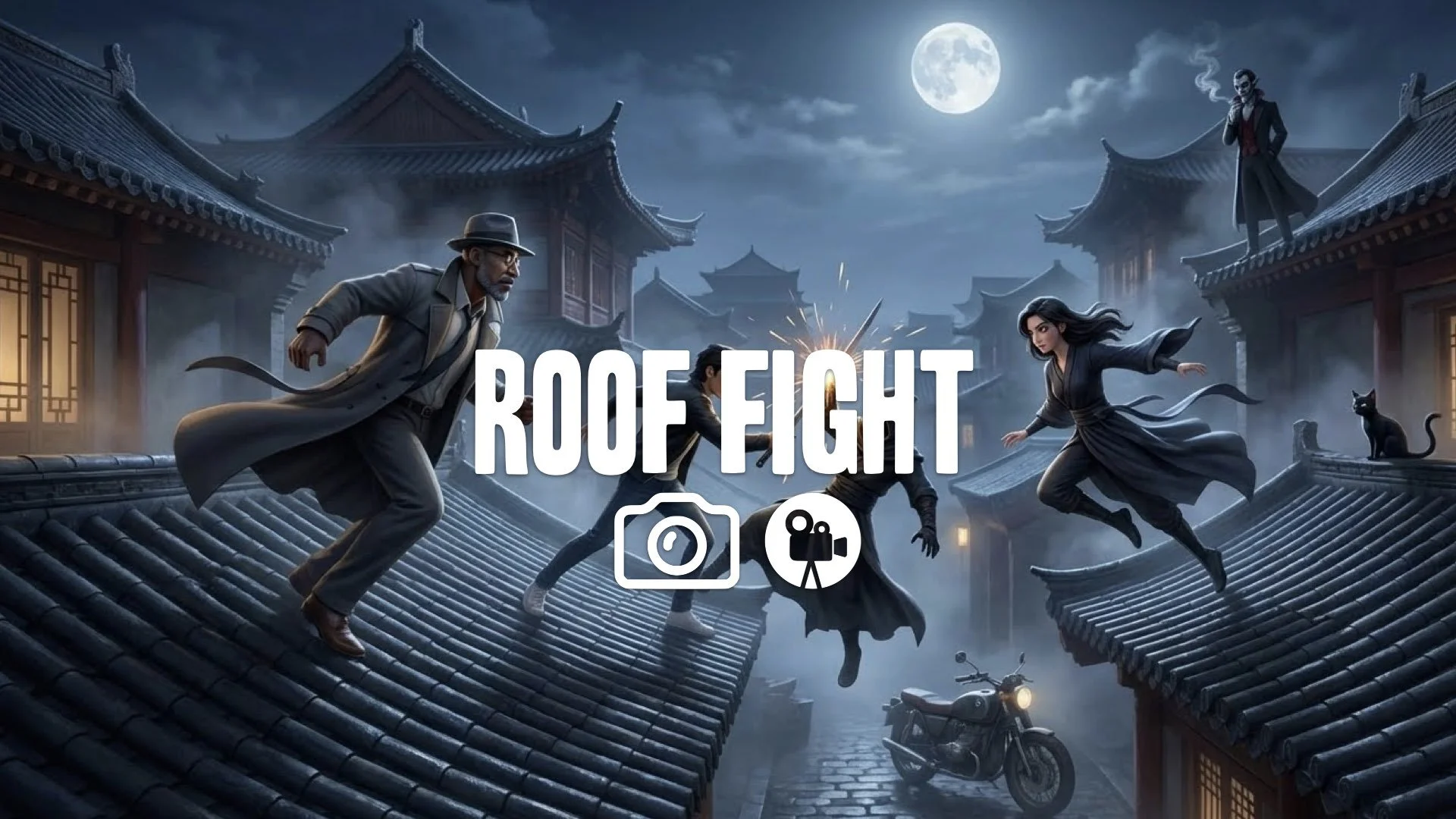 1. Rooftop night chase gliding between traditional tiled roofs flowing robes moonlight sword clash sparks no music