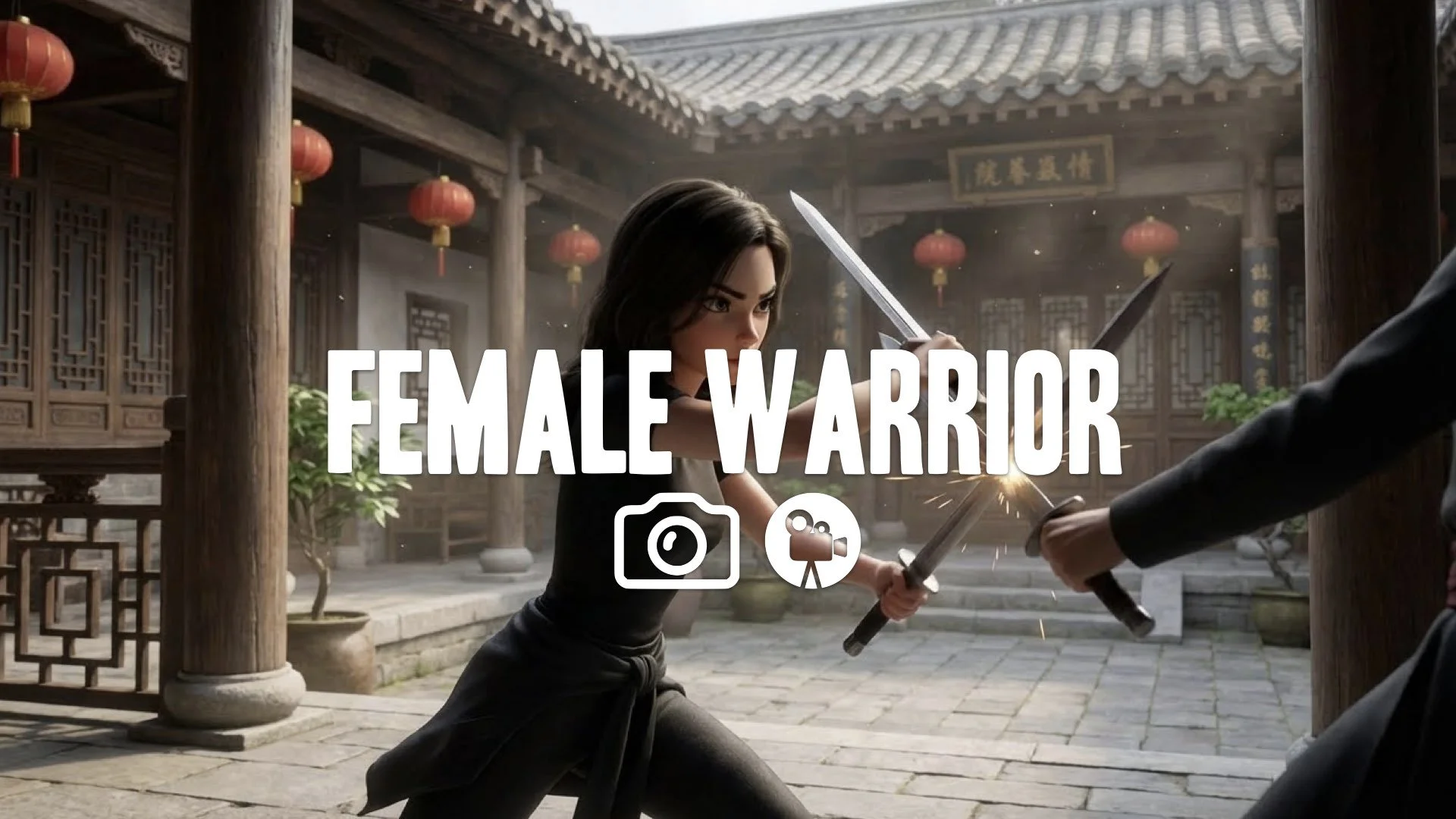 1. Woman fighting with two short swords wing chun style fast close combat traditional courtyard no music