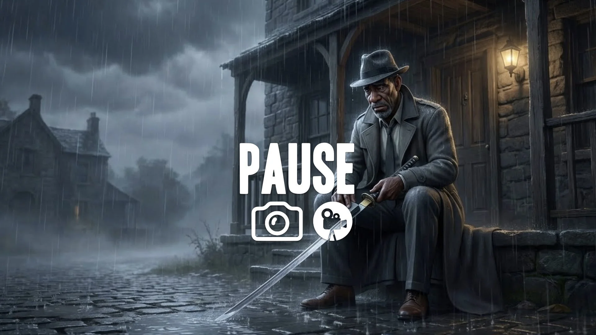 1. Retired assassin sharpening sword rain falling dark past solemn face stone house atmosphere no music