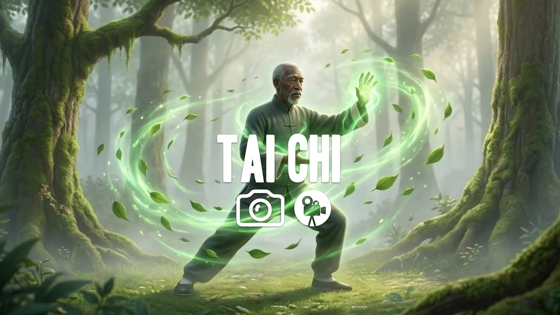 15. Mystical village elder performing slow Tai Chi movements glowing green energy leaves swirling peace no music