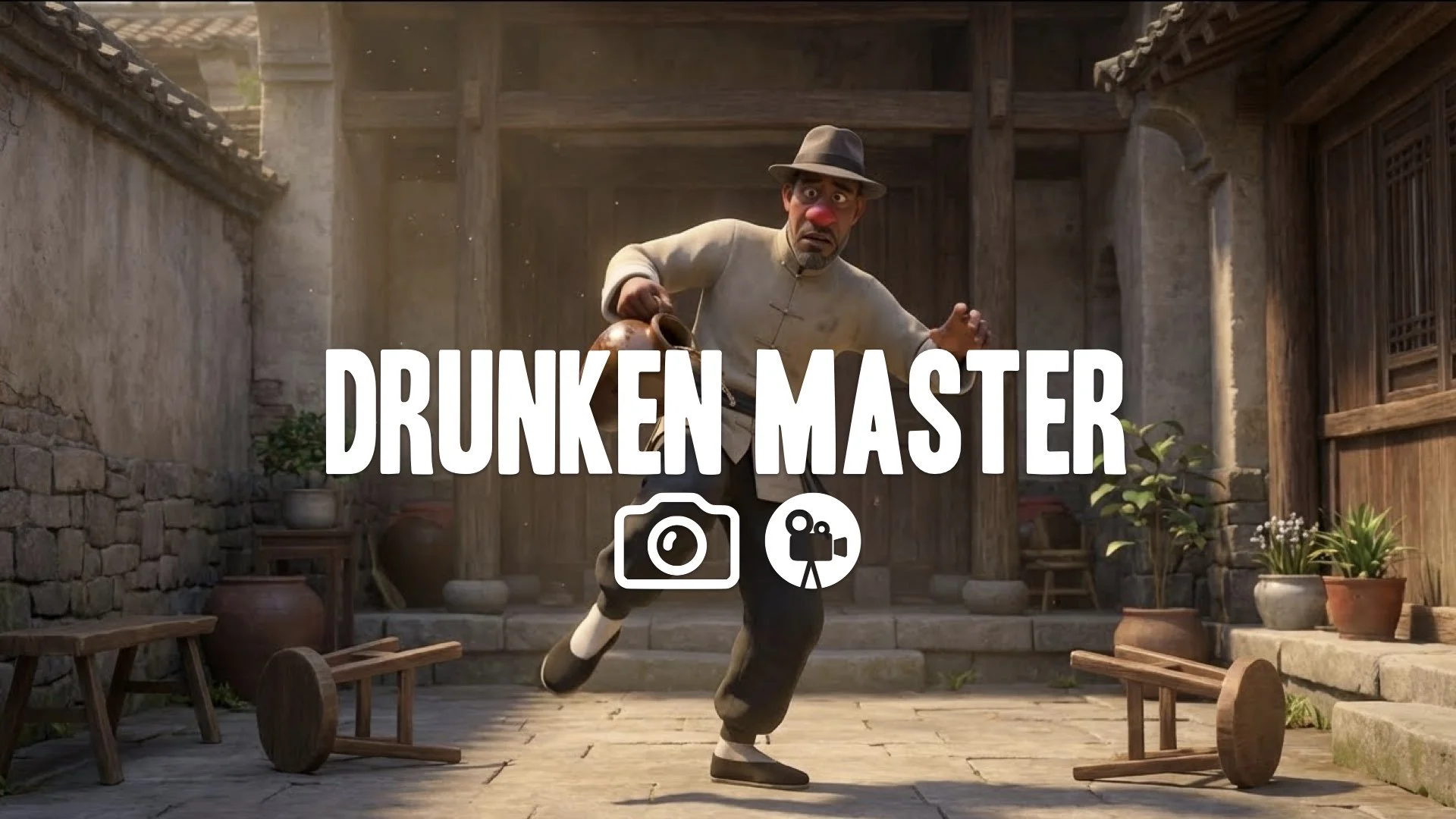 1. Fighter with red nose stumbling around drunken boxing style holding wine jug comedic movement traditional yard no music