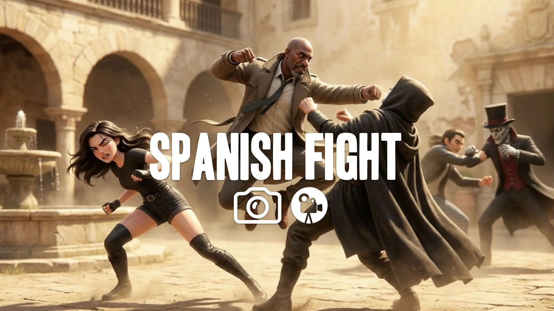 1. Fast paced fight in Spanish castle courtyard rapid punches kicks dodging painful expressions velocity no music