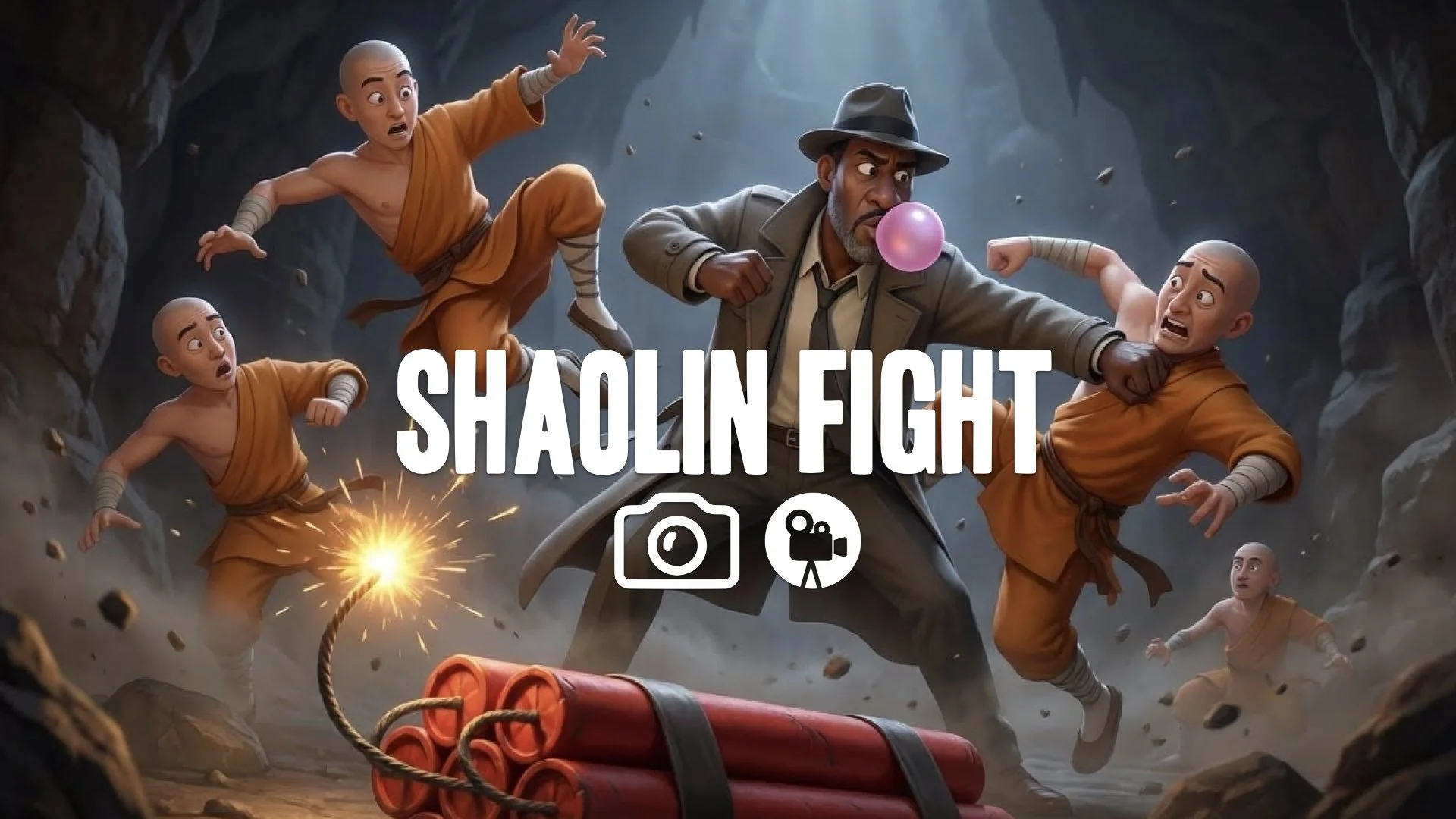 9. Man chewing gum blowing bubble while fighting monks in cave dynamite fuse lit tension comedy no music