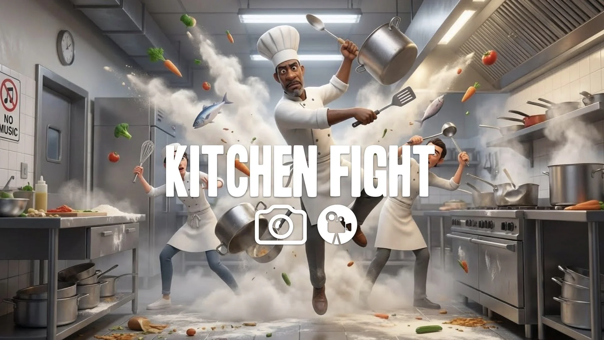12. Chef fighting in kitchen using pots pans spatulas flour cloud chaos dynamic action funny no music