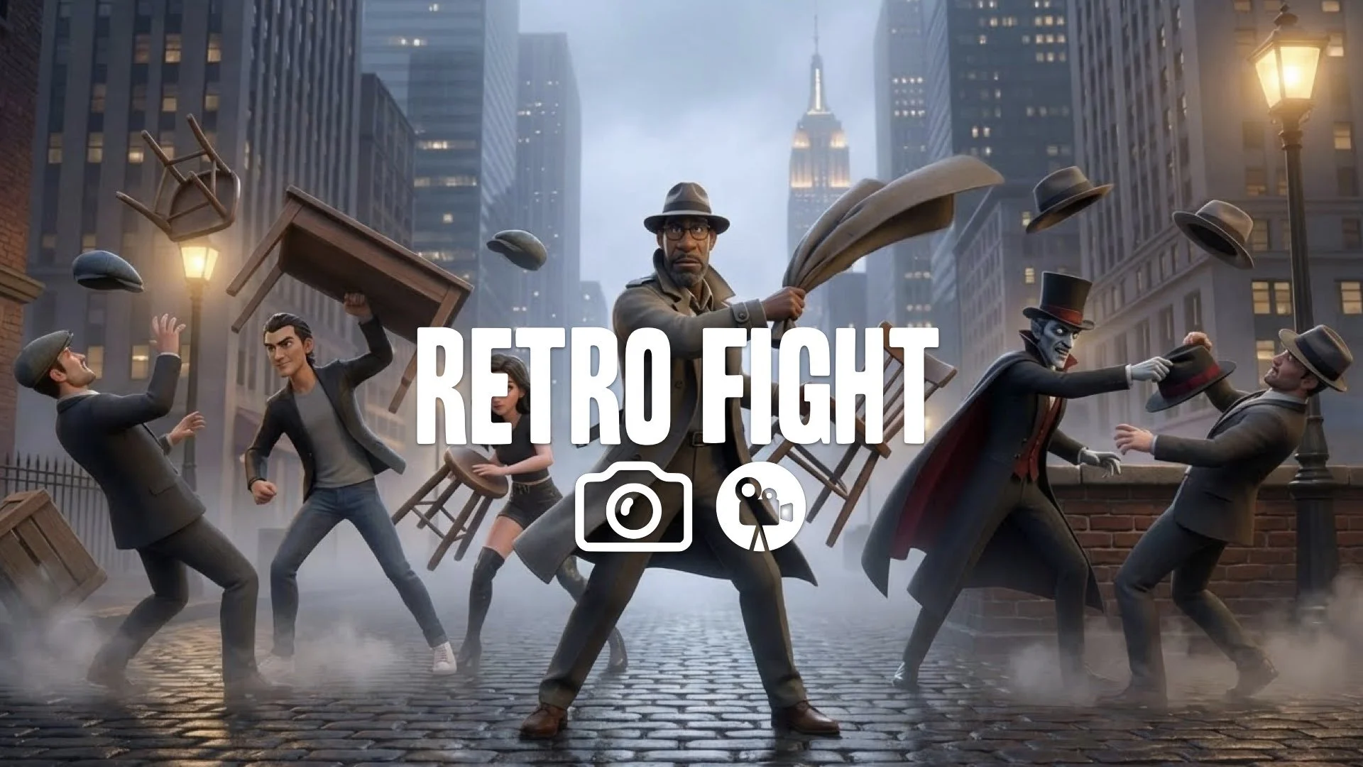 21. 1930s gangster fight using hats coats furniture elaborate choreography smooth camera period style no music