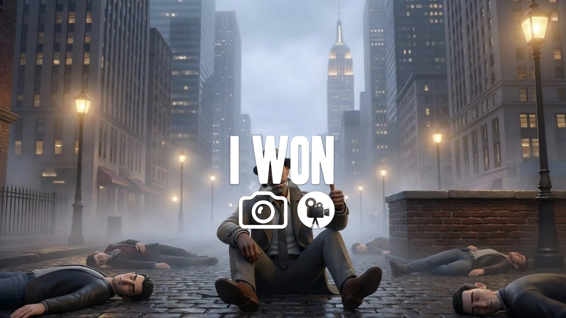 23. End of fight exhausted man sitting amidst unconscious enemies breathing heavy thumbs up victory no music