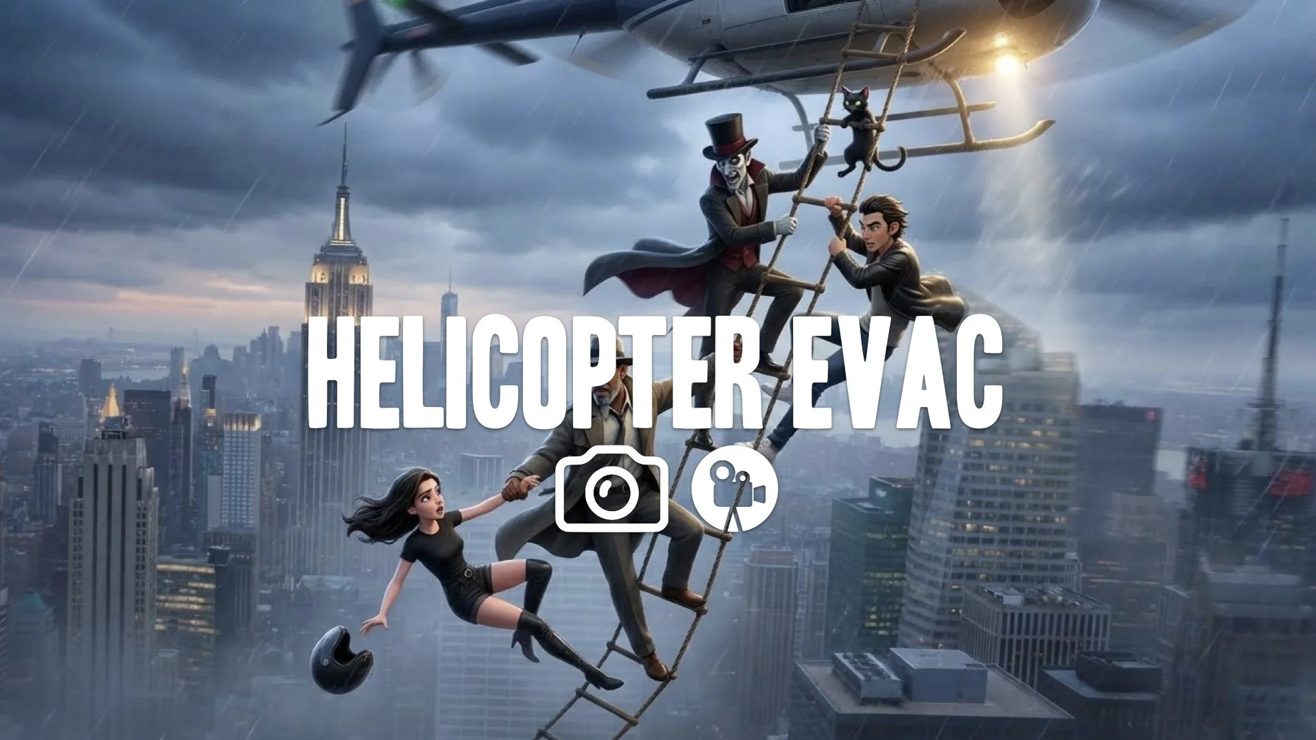 17. Hanging from helicopter ladder over city skyline desperate struggle wind blowing action stunts no music