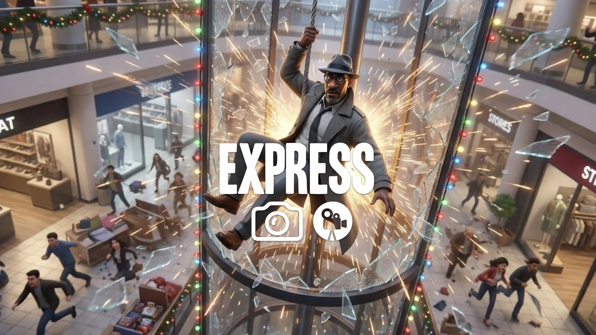 1. Cop sliding down multi-story pole covered in lights glass exploding sparks flying mall chaos epic stunt no music