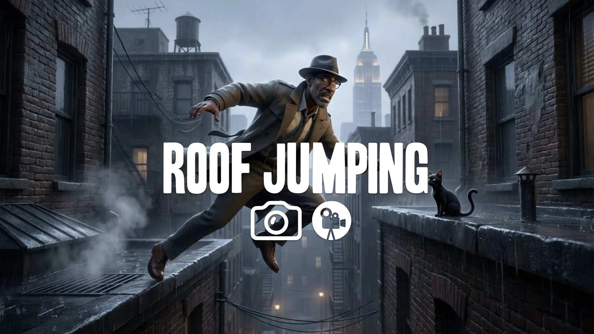 19. Cop jumping from rooftop to rooftop across narrow alley desperate leap gritty stunt heights no music