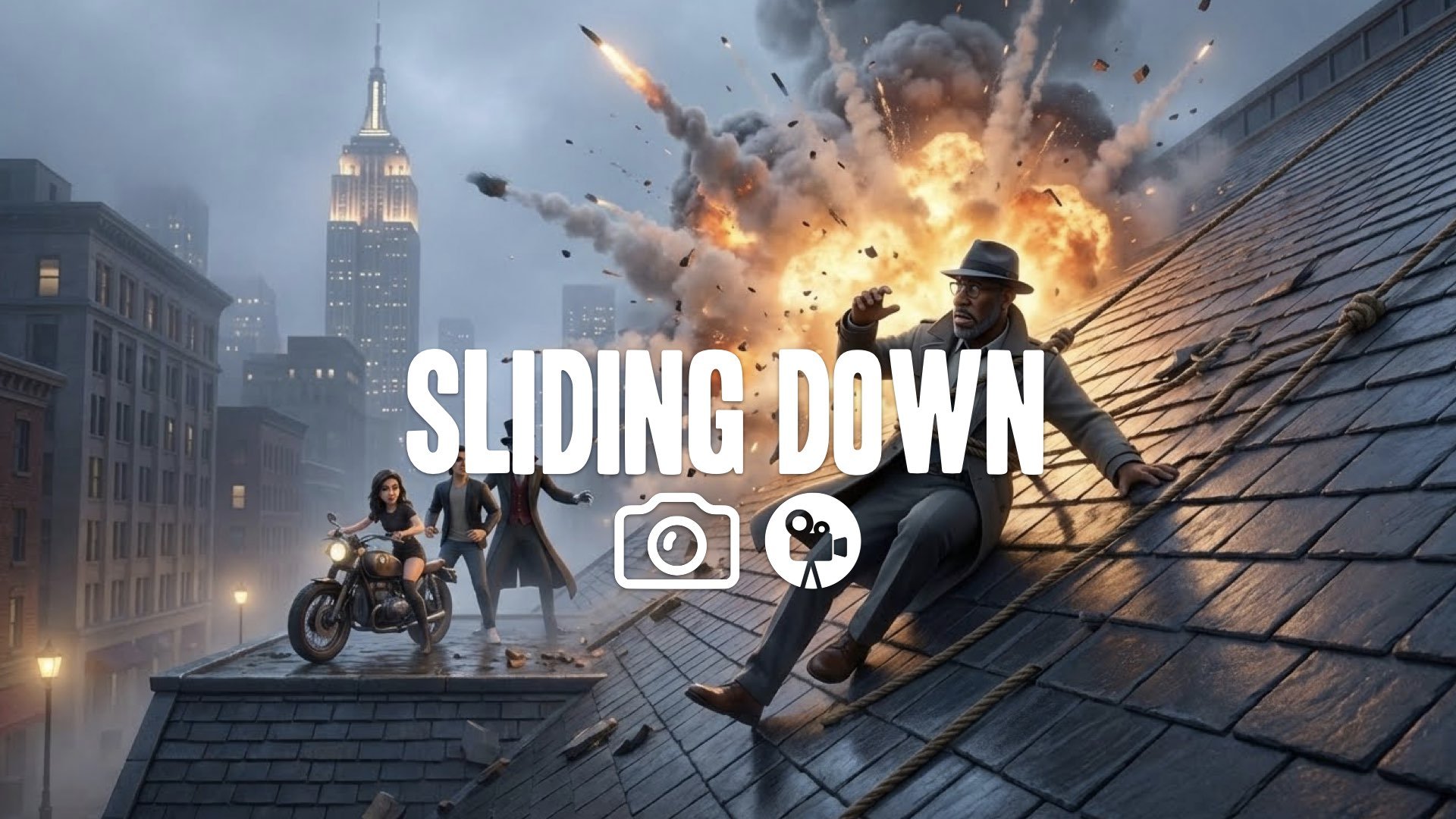 22. Cop sliding down convention center roof restrained by ropes explosion behind dramatic stunts no music