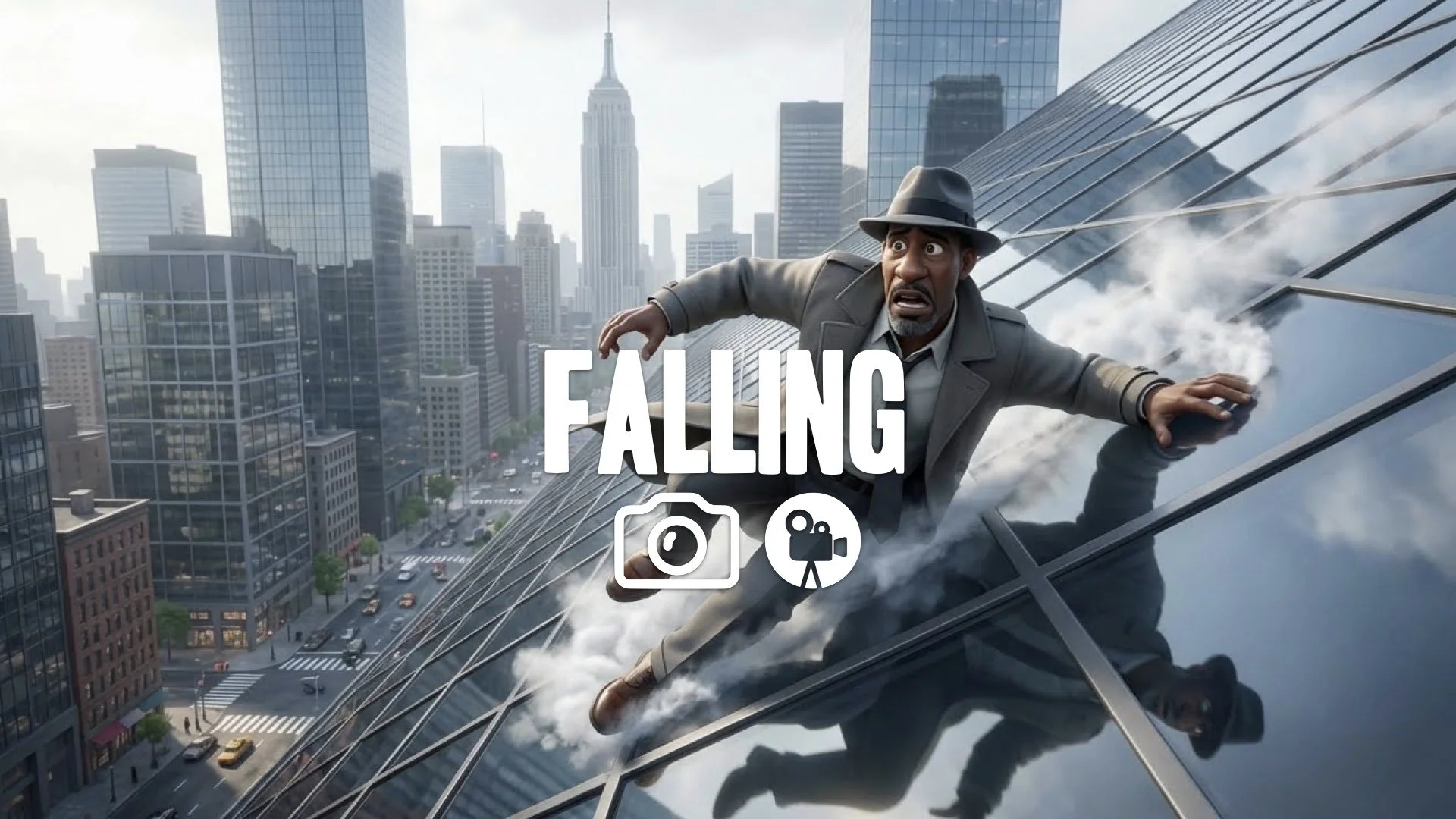 1. Man sliding down slanted glass roof of skyscraper friction smoke desperate escape modern city stunt no music