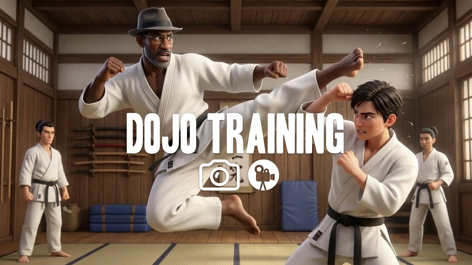 1. Dojo fight sparring gi leaping high kick against student intense instruction focus power no music