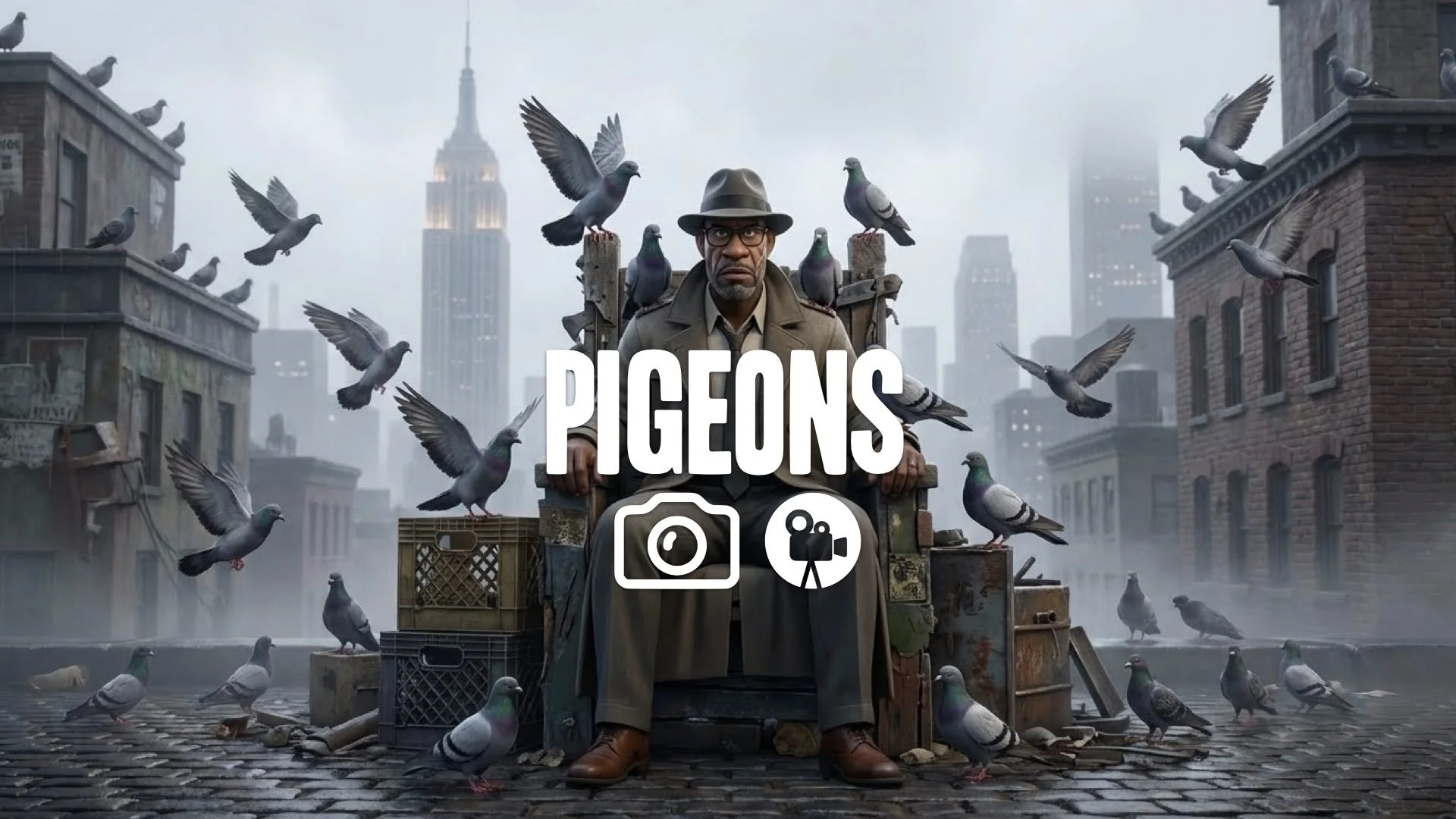 1. Man sitting on rooftop throne surrounded by pigeons homeless network leader scar on face tough look no music