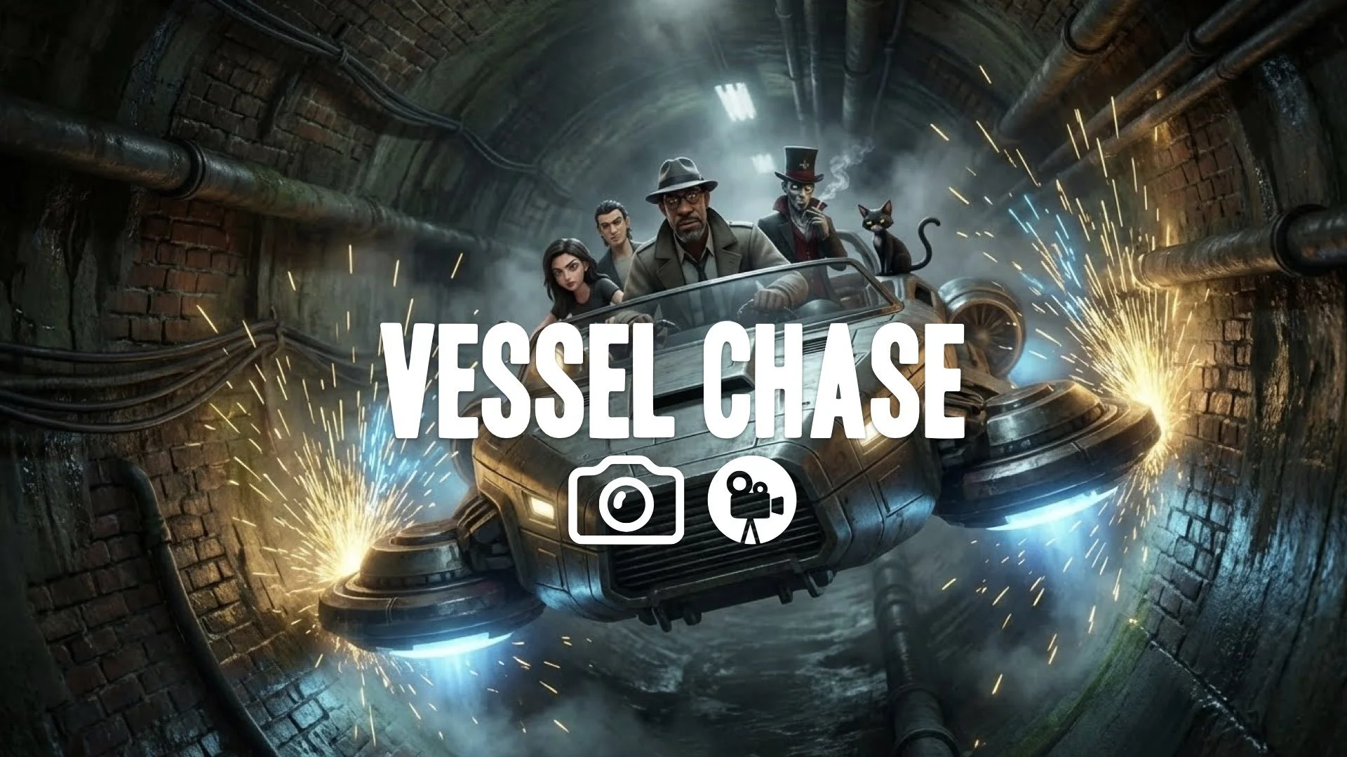 1. Driving large futuristic hovercraft ship through sewer tunnels tight squeeze sparks flying pilot focus no music