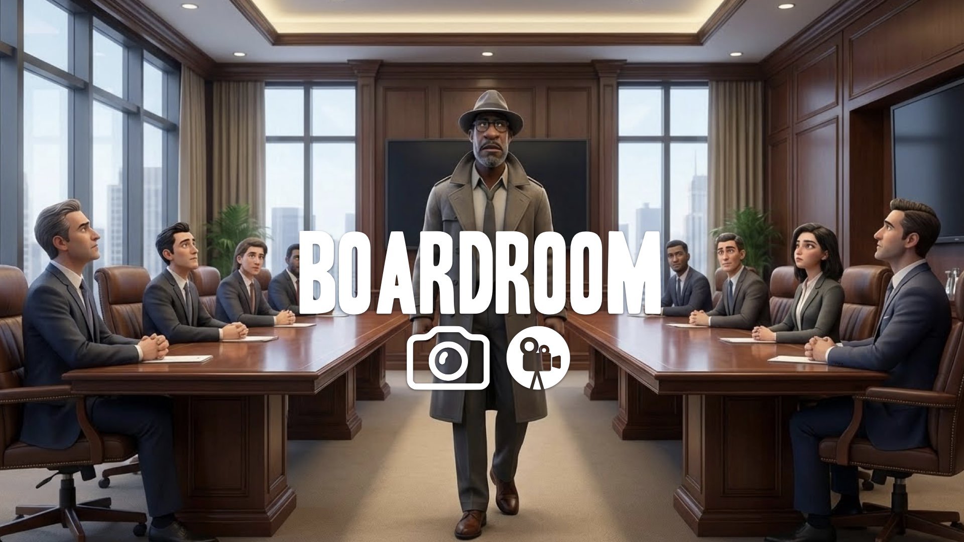 1. Man in suit walking into boardroom commanding presence authority power imposing figure no music