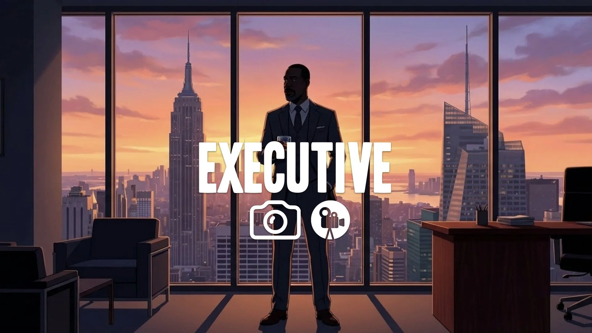 1. Man in sharp three piece suit standing window office NYC skyline sunset drink in hand confident silhouette no music