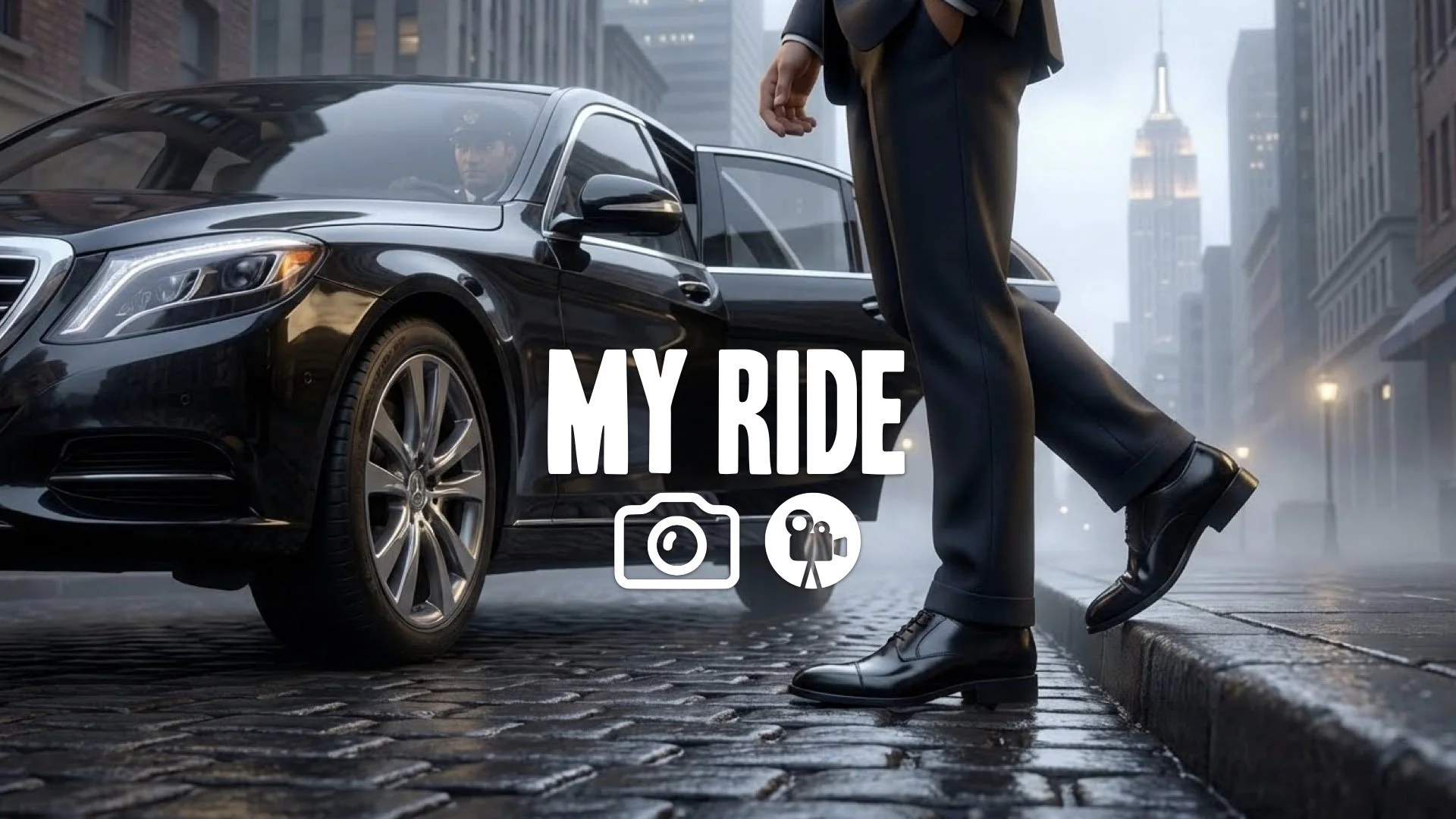1. Luxury car with driver pulling up to curb man in suit stepping out low angle shiny shoes pavement no music