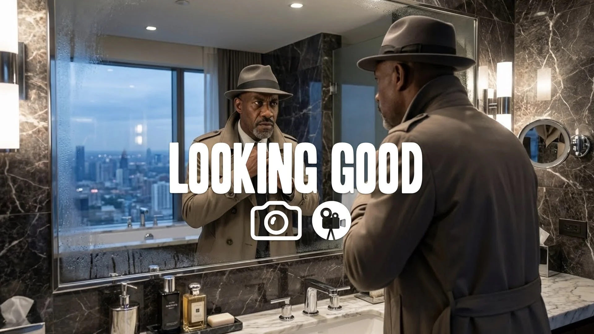 1. Man fixing tie in mirror reflection high rise bathroom marble interior sharp focus intense stare no music