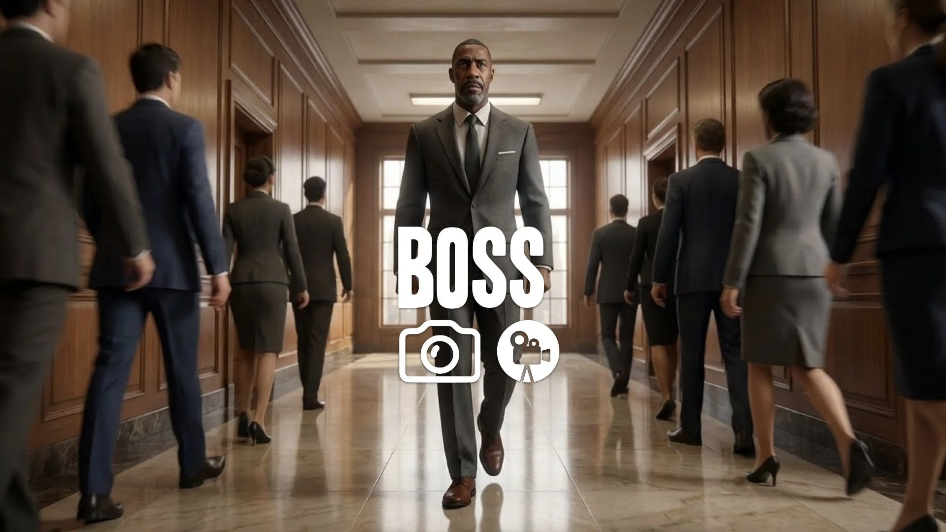 1. Man walking down hallway slow motion people parting ways confident stride power walk suit texture no music