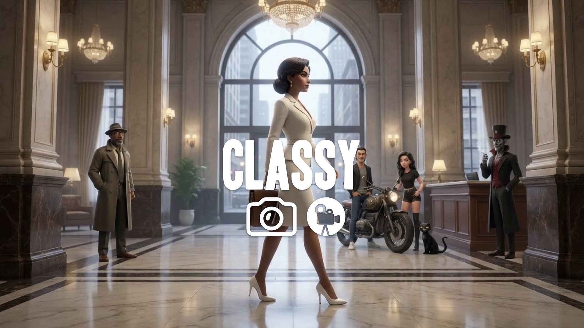 1. Woman in elegant white business dress walking powerful stride high heels clicking marble floor lobby no music