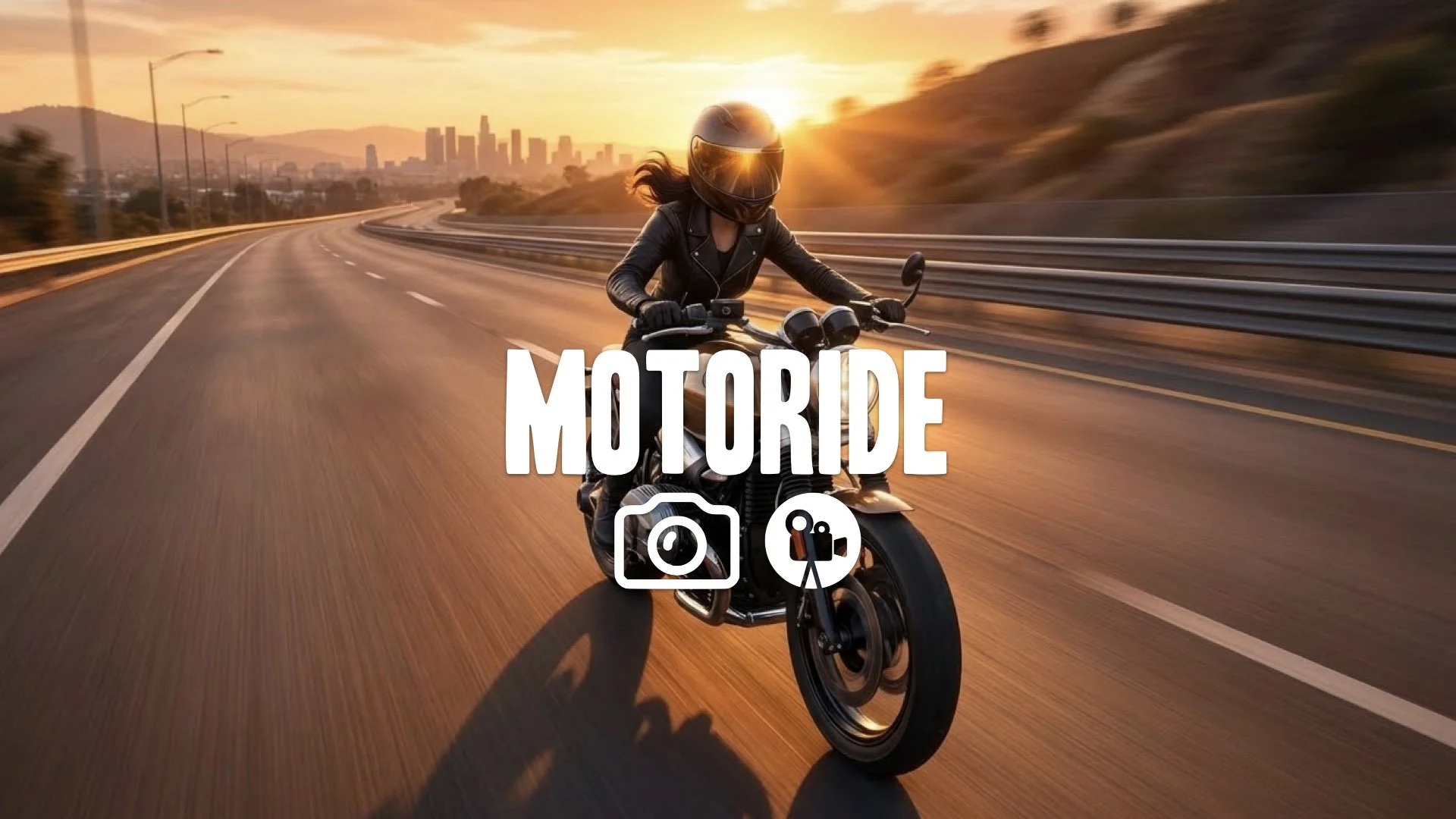 1. Motorcycle speeding down highway sunset leather jacket helmet reflection freedom ride no music