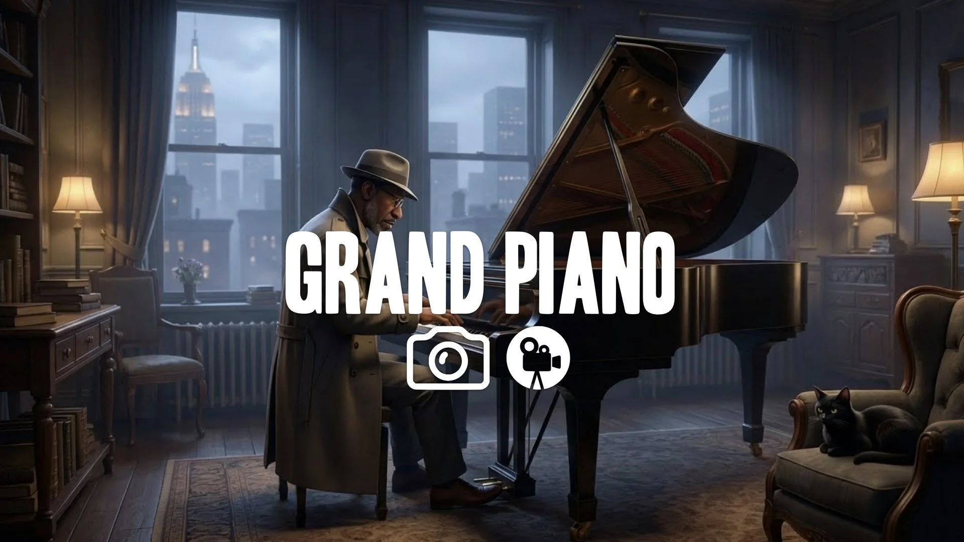 1. Man playing grand piano alone in apartment moody lighting fingers moving fast classical vibe no music