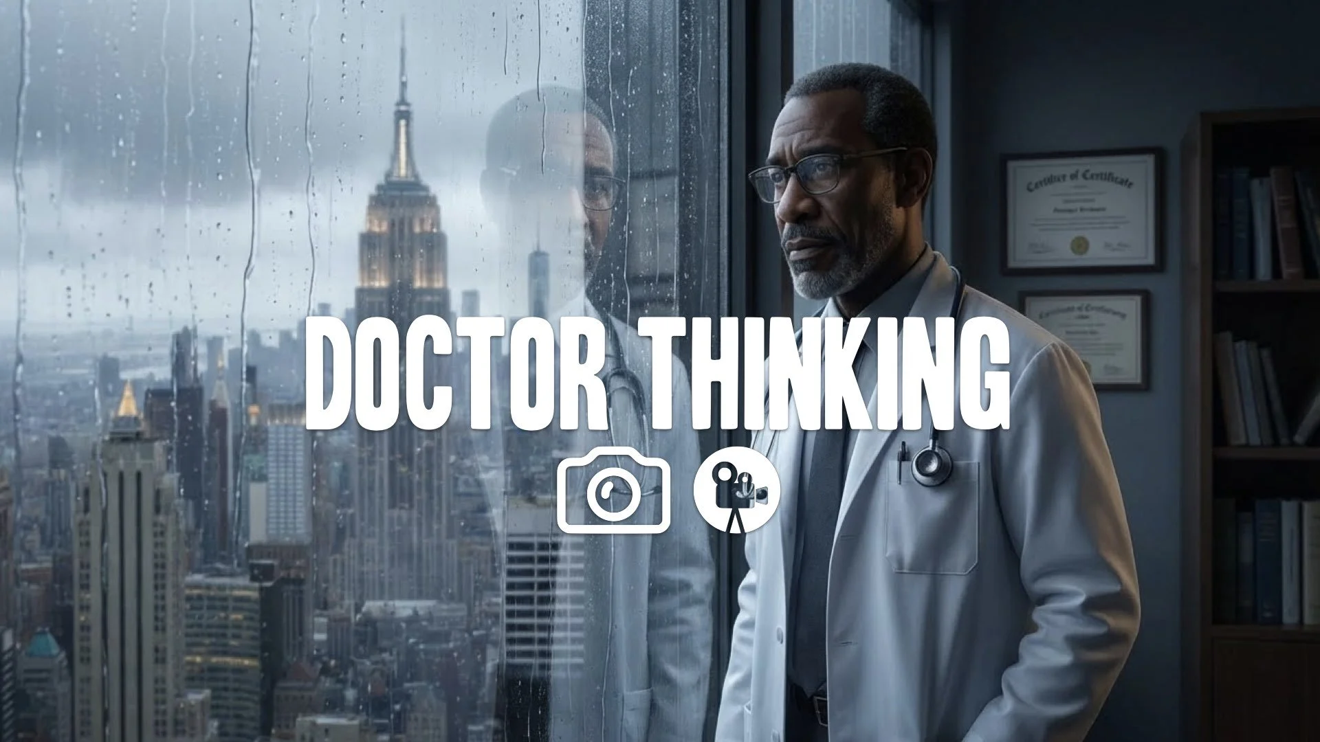 1. Rain streaking down office window looking out at city doctor contemplating moody reflection no music