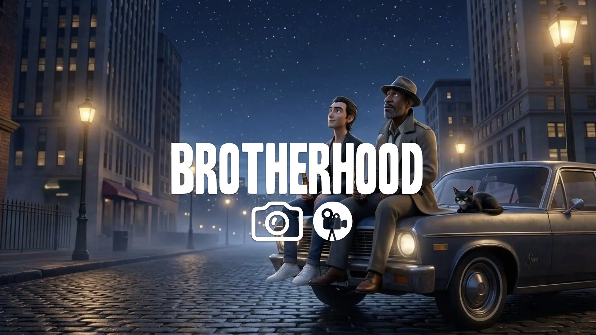 1. Two brothers sitting on hood of car drinking beer watching stars night sky peaceful moment no music