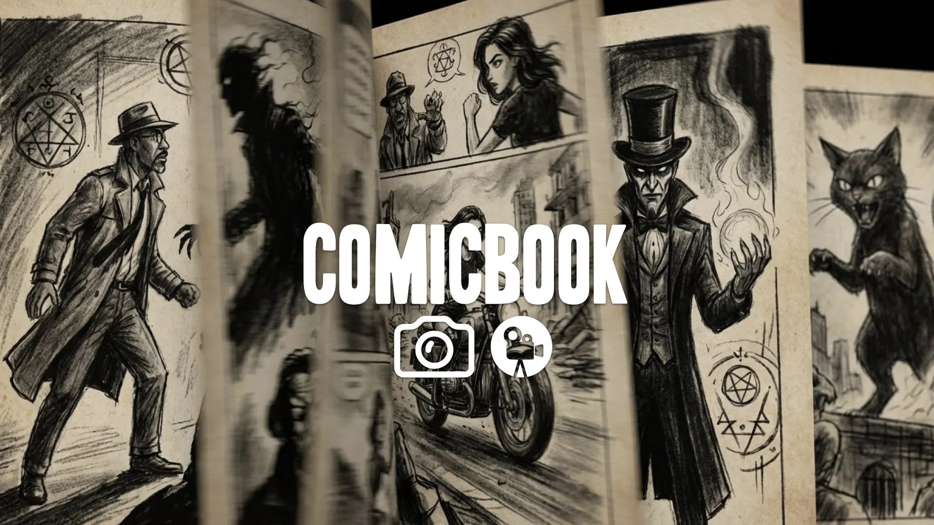 1. Comic book pages flipping rapidly showing drawings of future events prophetic art close up no music