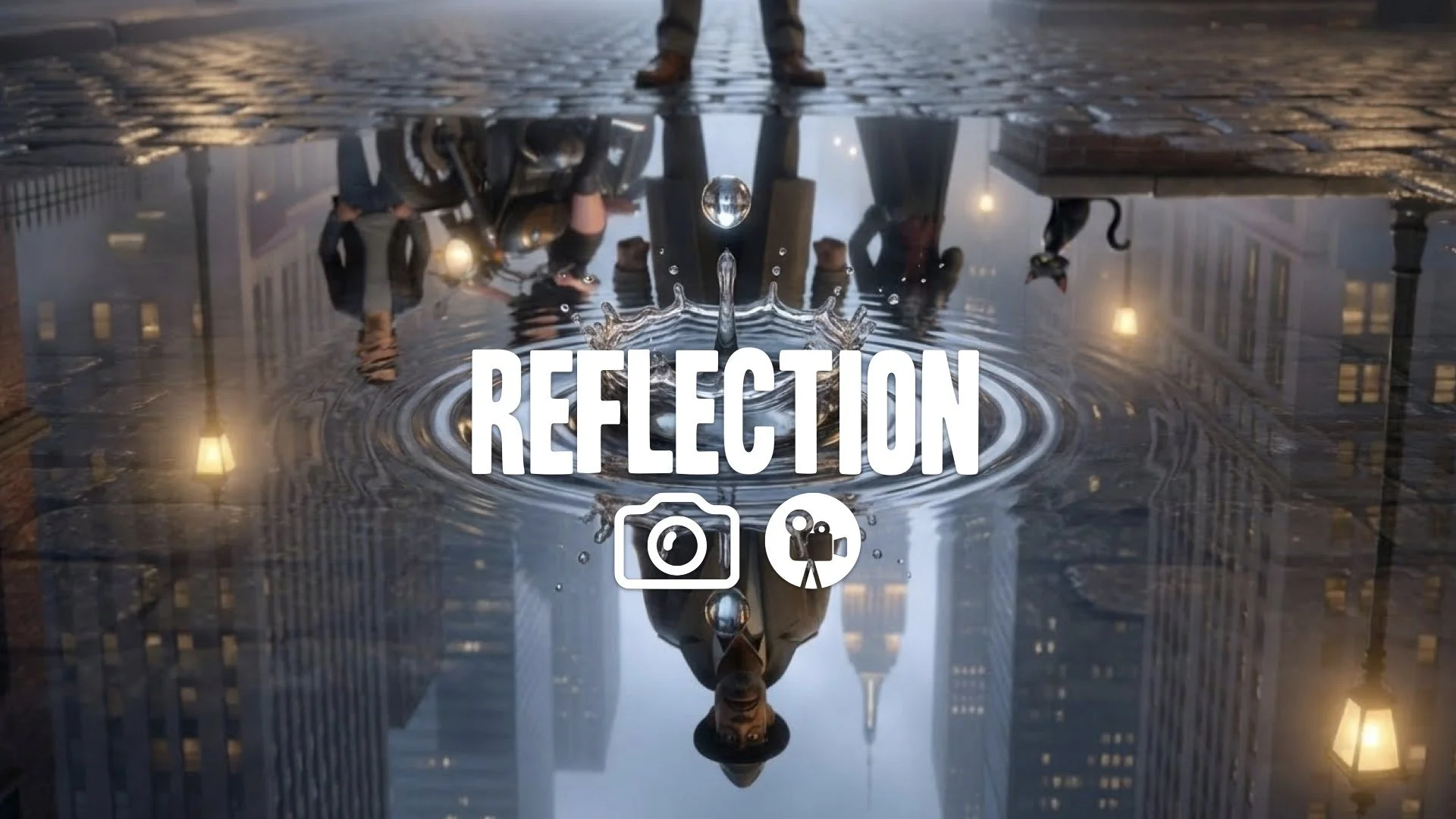 1. Extreme slow motion single raindrop hitting puddle rippling outwards reflection of gritty city upside down no music