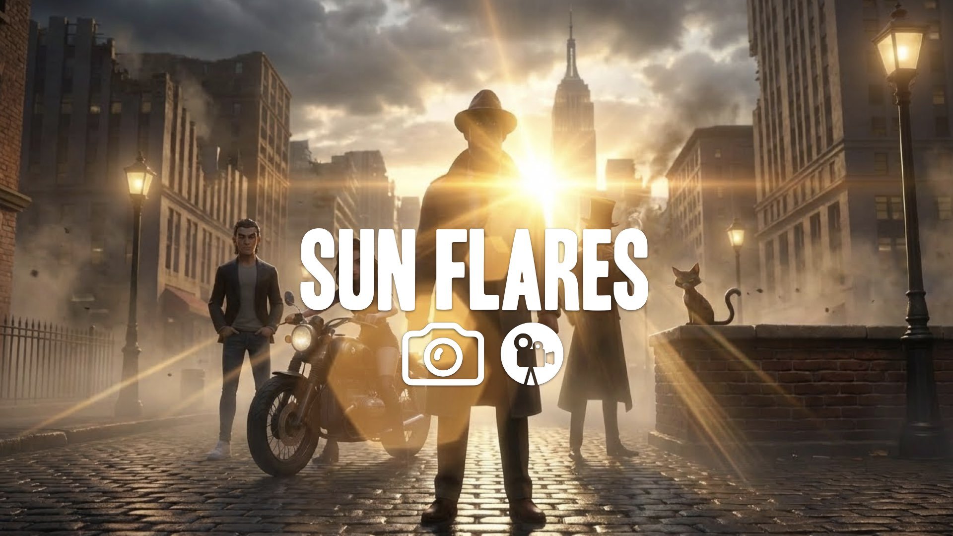 1. Excessive lens flare over dark armored character standing in ruins sun breaking through clouds epic mood no music