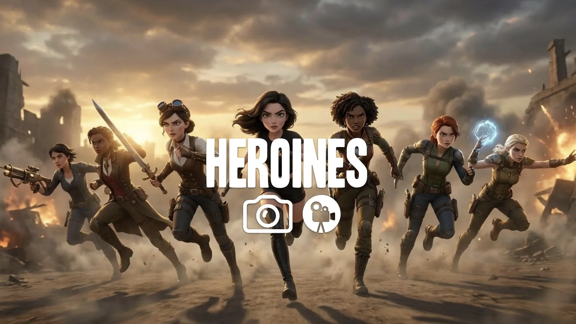 1. All female heroes lining up together charging forward battlefield dynamic tracking shot empowerment vibe no music
