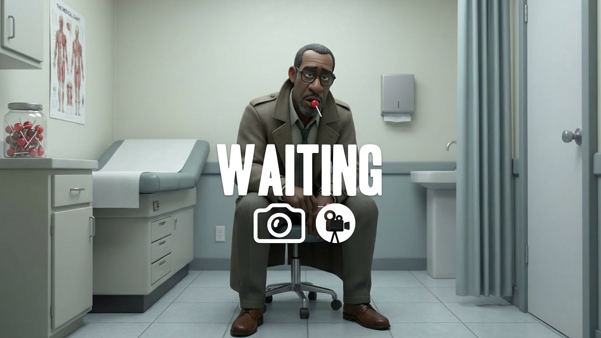 1. Doctor sitting in clinic exam room bored expression lollipop in mouth waiting for patient no music