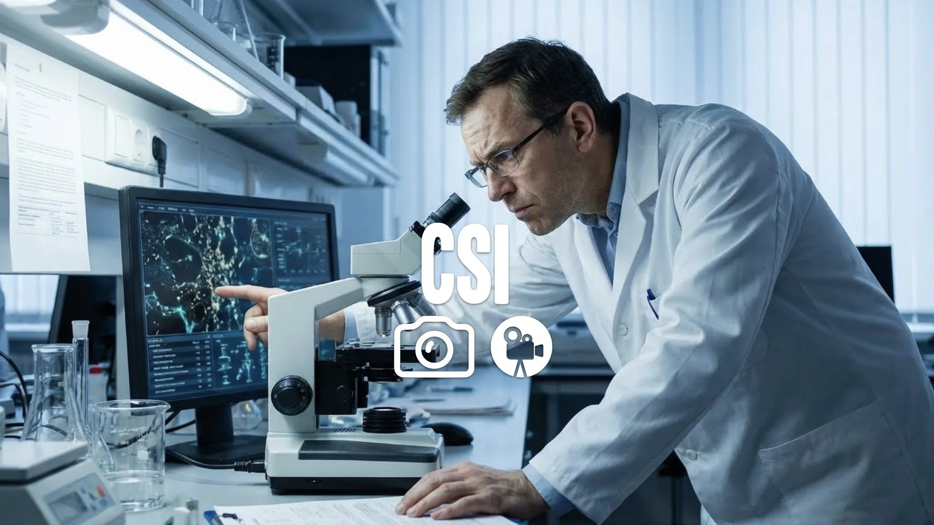 1. Man in lab coat looking at microscope results serious expression scientific discovery tension no music