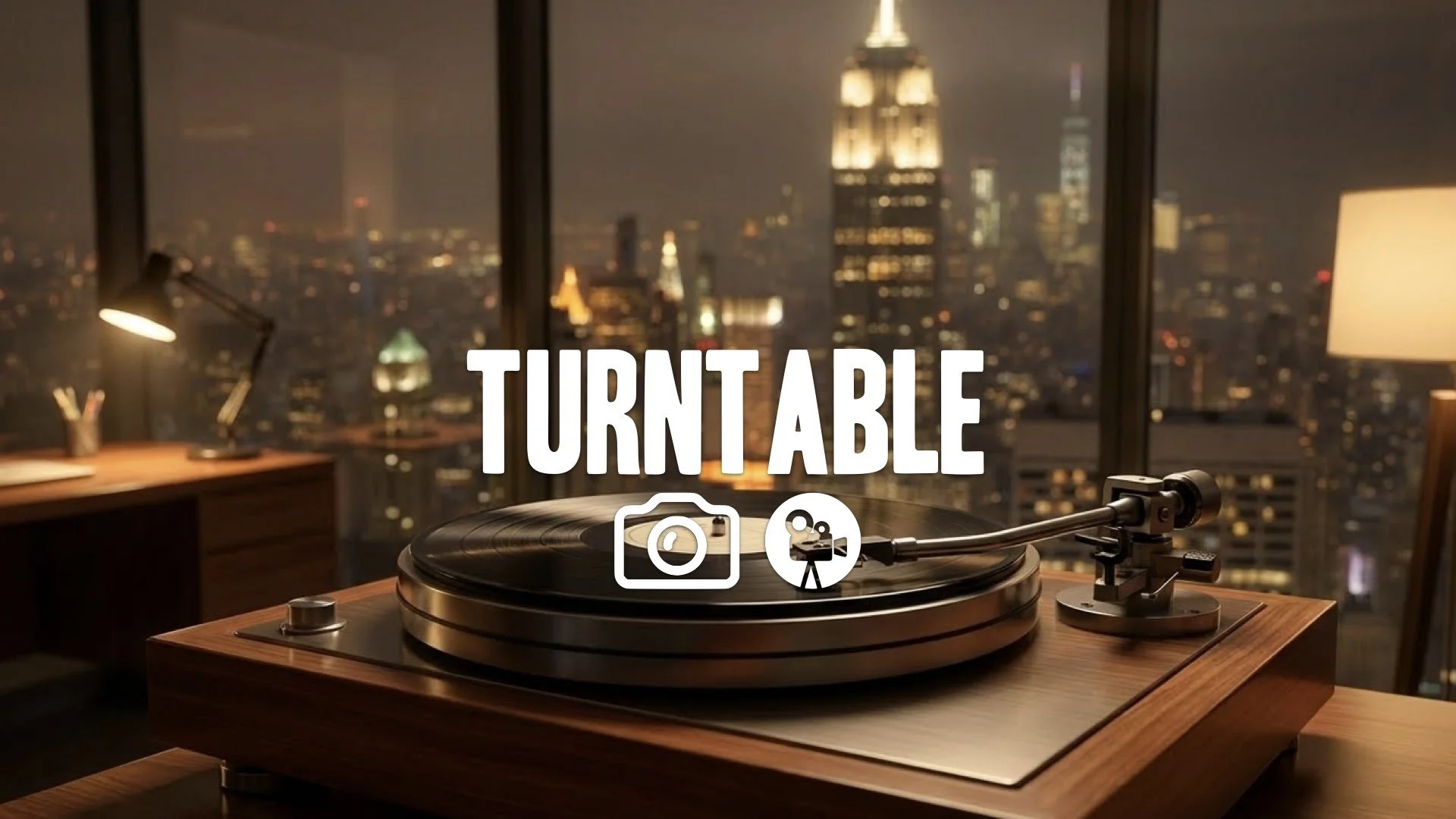 1. Vinyl record spinning on high end turntable glass office night city lights background relaxing vibe no music