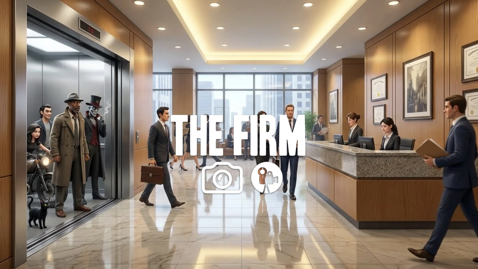 1. Elevator doors opening revealing busy law firm lobby polished floors reception desk bright light no music