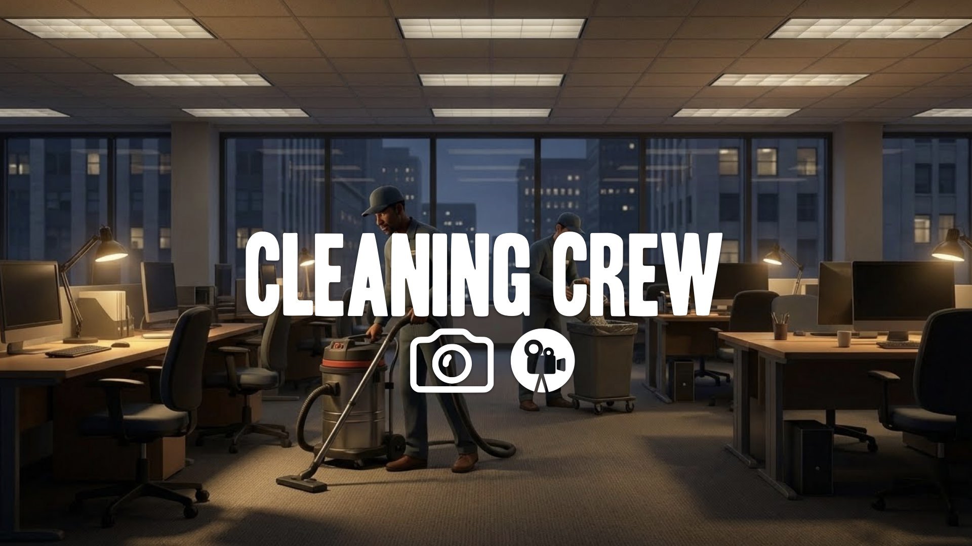 1. Associate bullpen night cleaning crew vacuuming empty desks lonely atmosphere late work no music