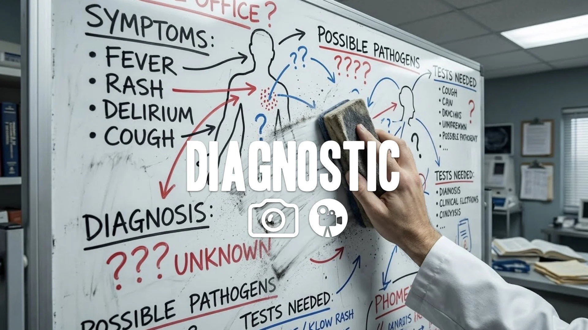 1. Whiteboard covered in symptoms diagrams marker writing furiously erasing frantically diagnosis no music