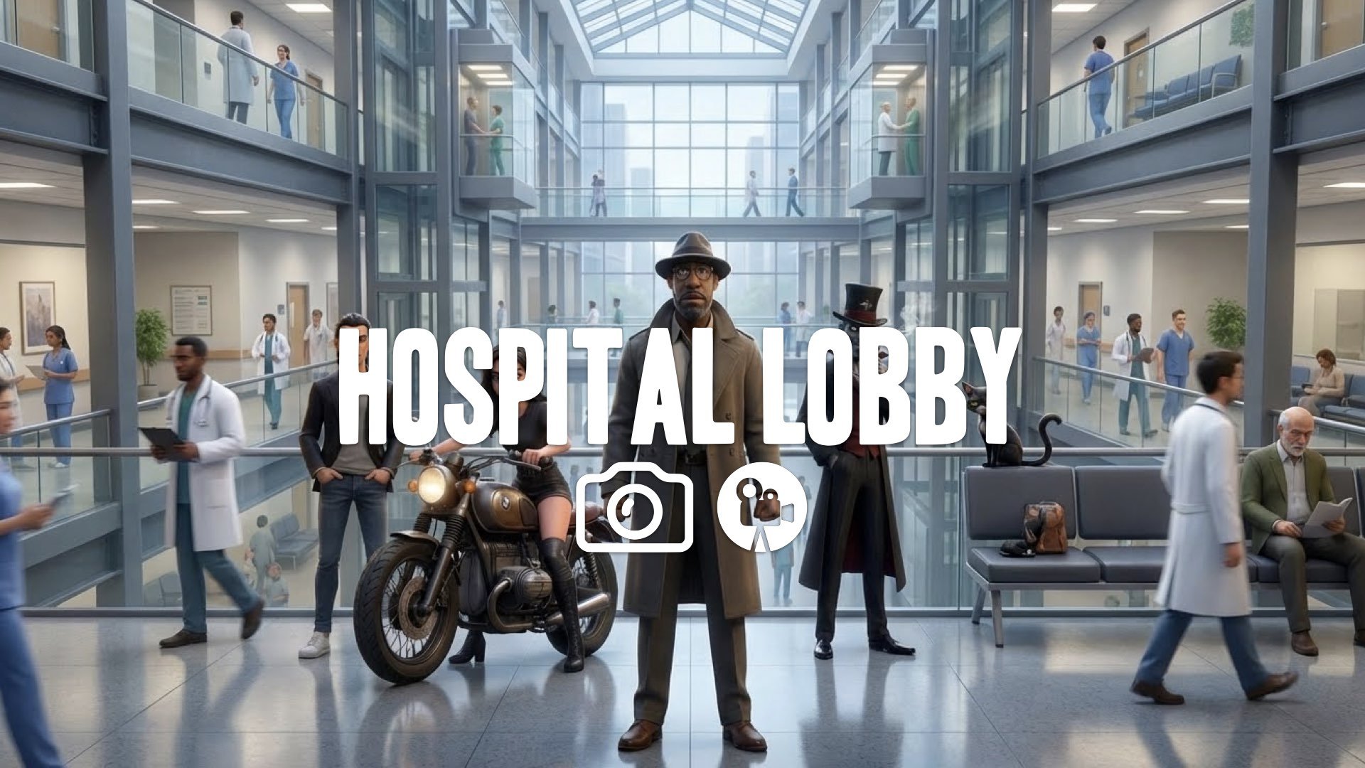 1. Hospital lobby busy atrium glass elevators moving people walking fast upper level view no music