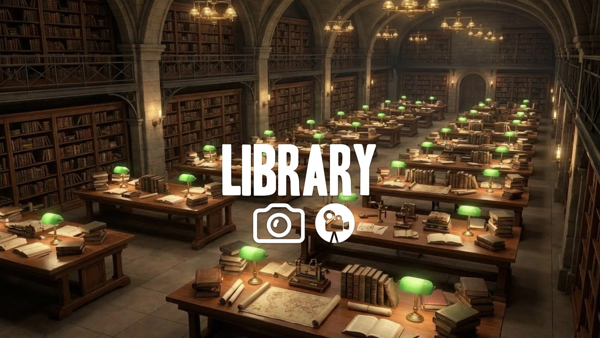 1. Massive library  endless tables of books research lamps warm lighting secret base no music