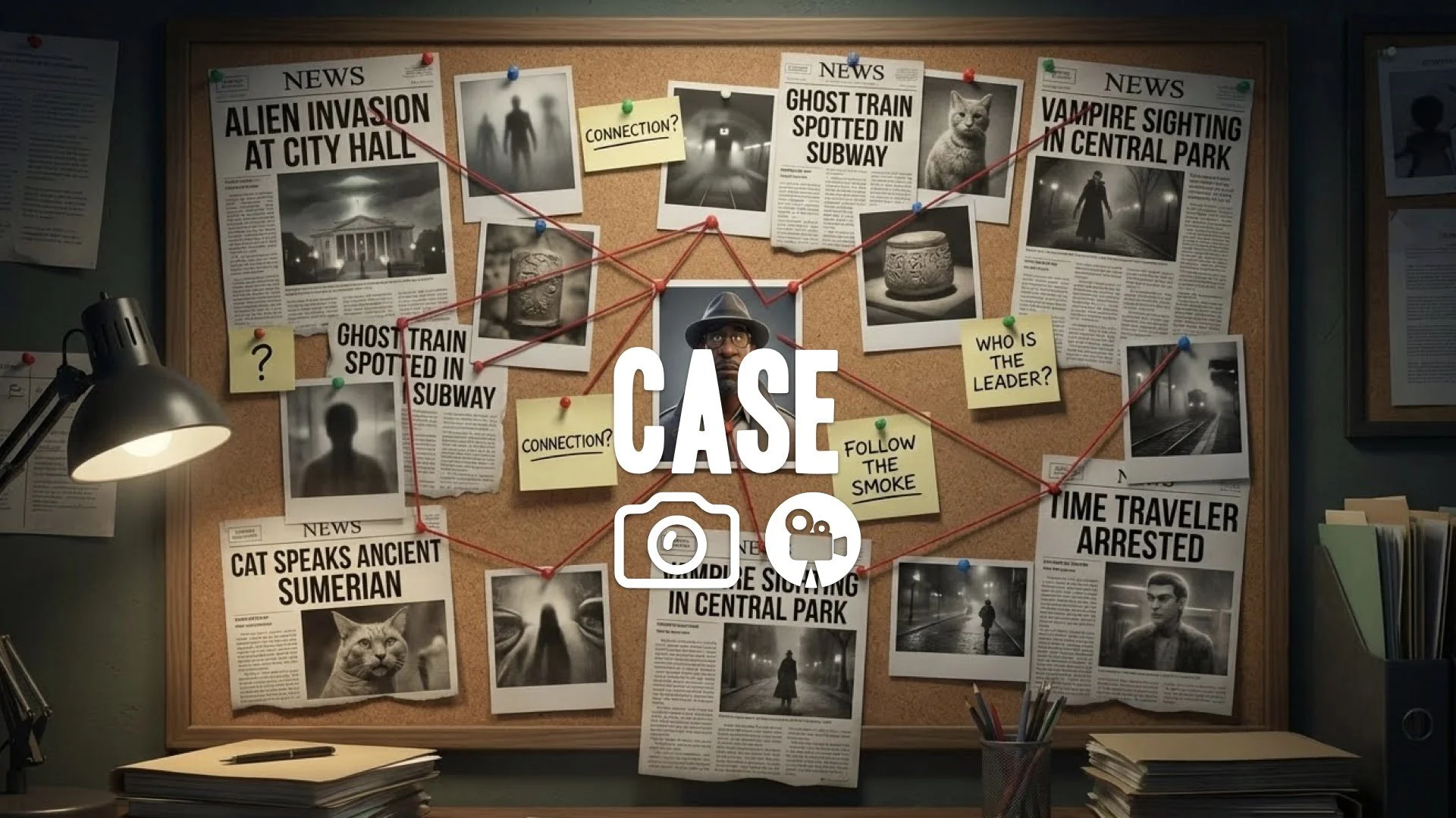 1. Wall of weird news clippings map with pins red string connecting cases investigation board no music