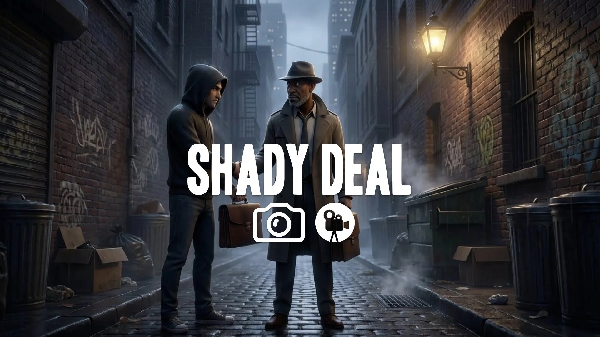 1. Handshake secret transaction man in hoodie handing over briefcase alleyway shadows tension no music