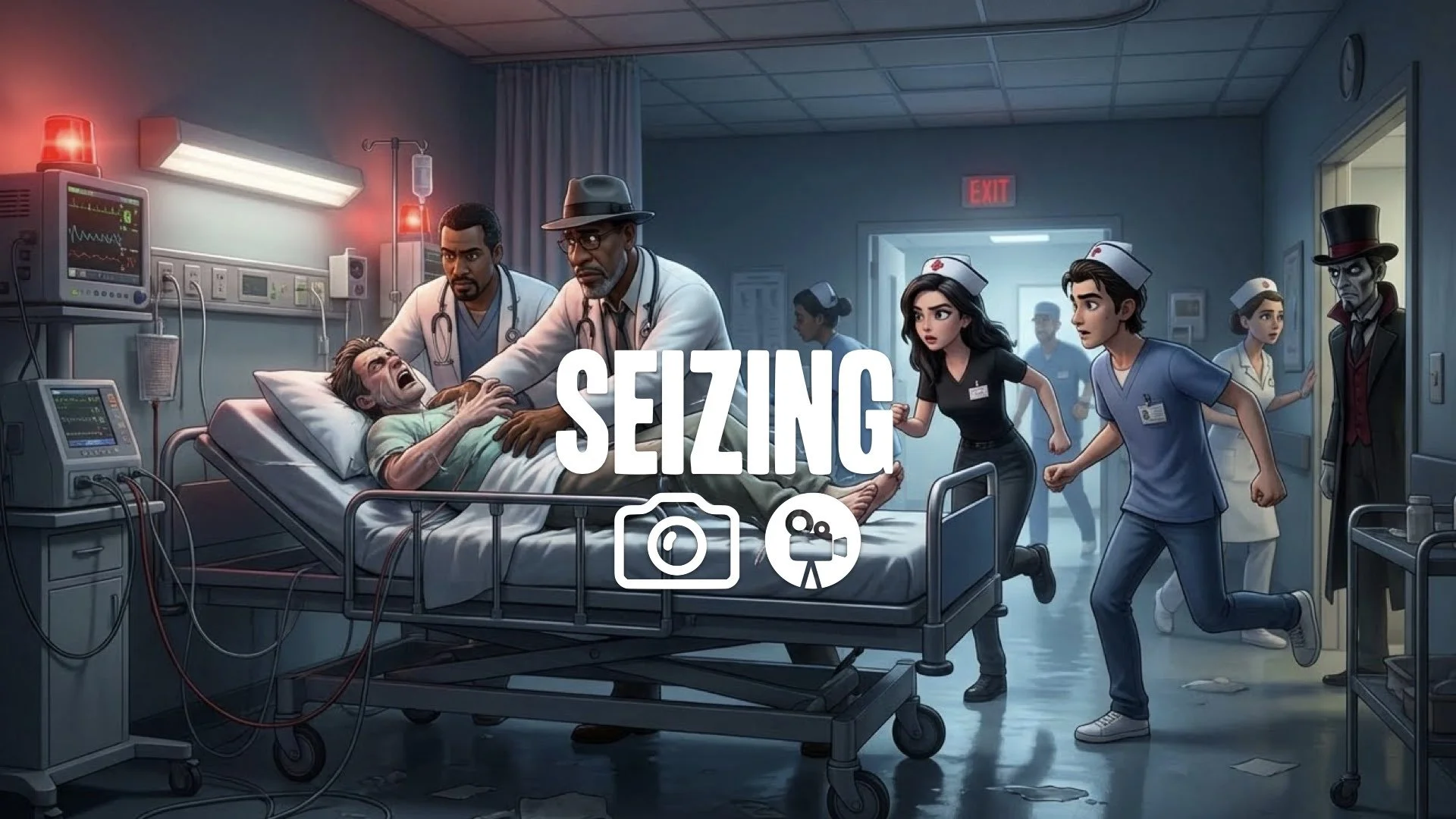 1. Patient seizing violently on hospital bed doctors holding down nurses running chaos alarms light no music