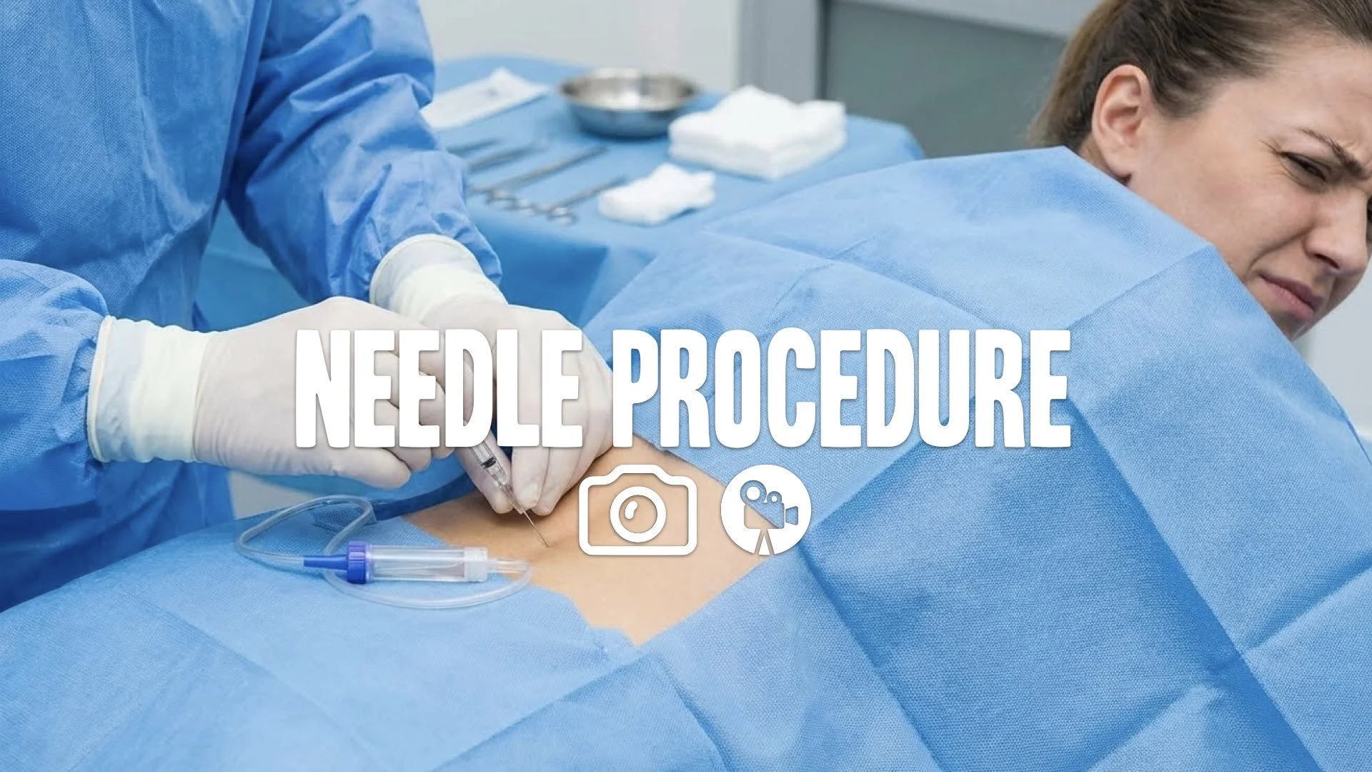 1. Needles being inserted into patient spine lumbar puncture winching pain close up sterile field no music