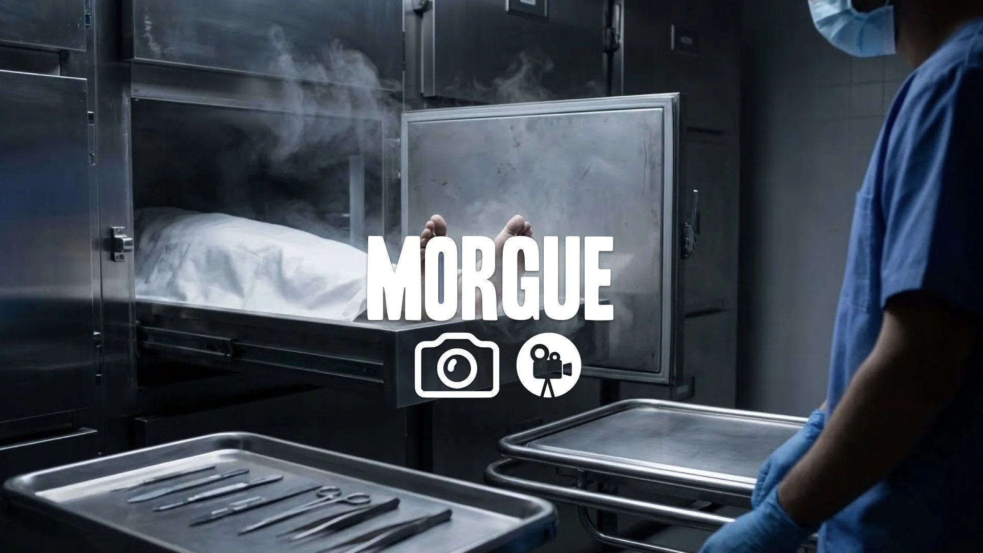1. Morgue drawer sliding open cold vapor rising dead body toe tag autopsy preparation no music