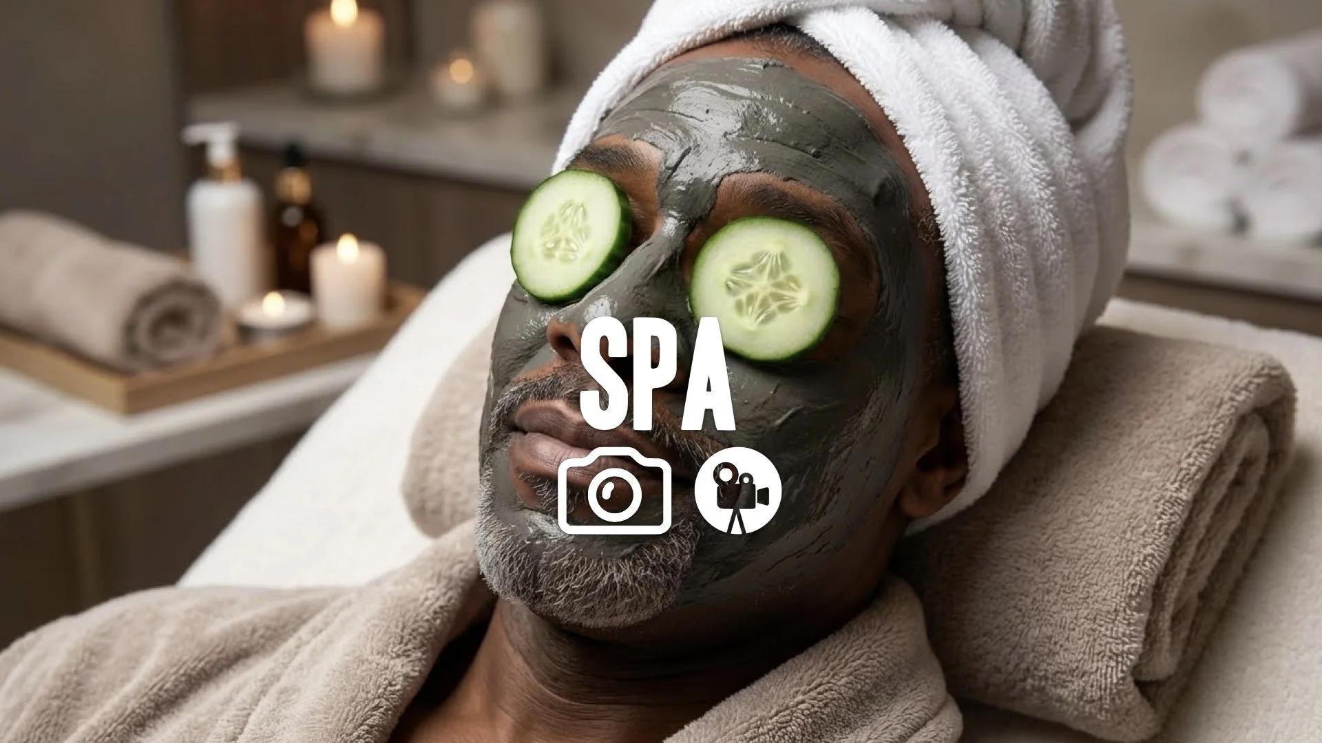 1. Mud treatment facial close up man relaxing cucumber eyes spa day luxury texture funny no music