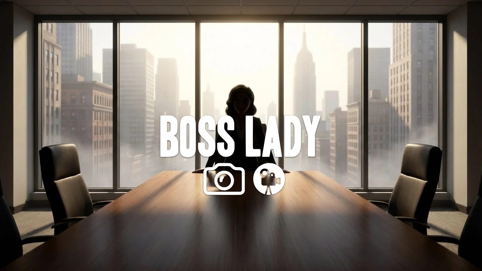 1. Woman sitting at head of long boardroom table commanding presence silhouette against bright window no music